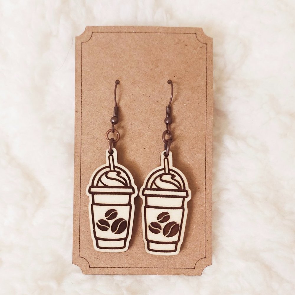 5/$25 Iced Coffee Frappuccino Earrings Dangle Wooden w/Coffee Beans
